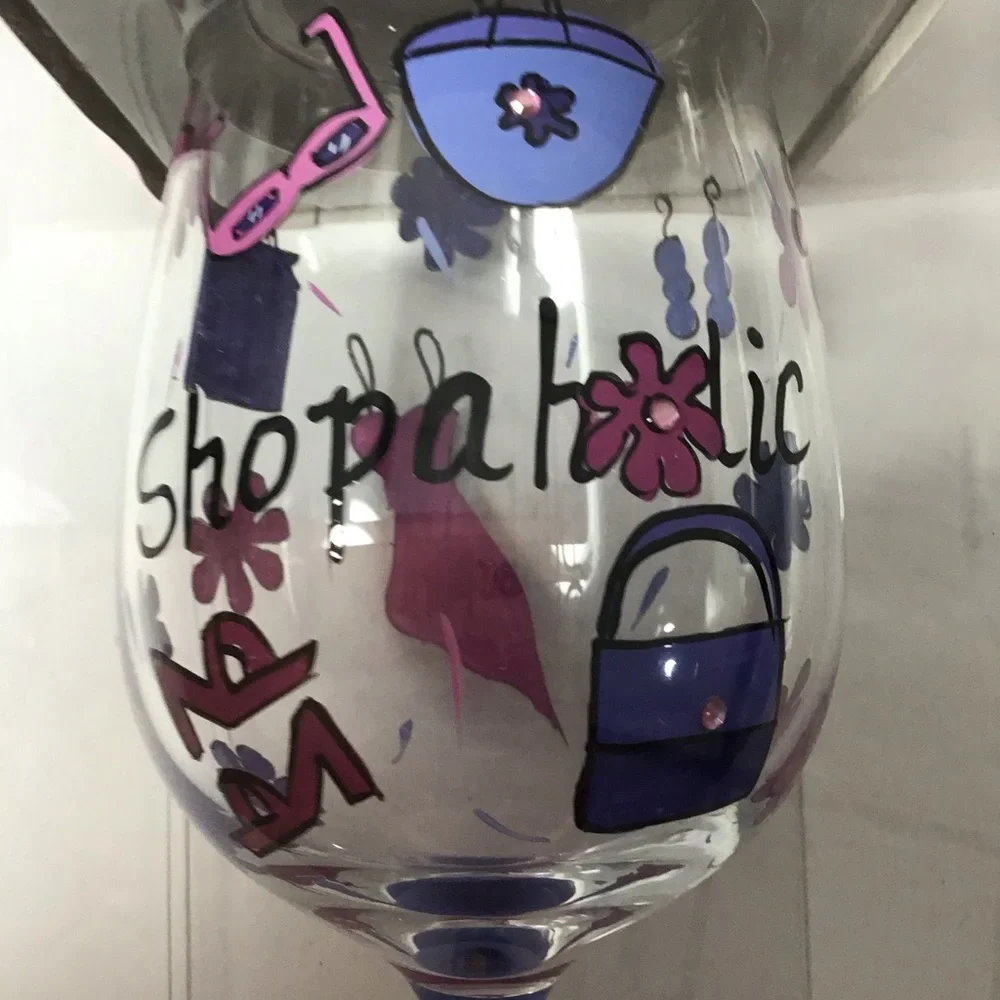 Shopaholic Plastic‎ Painted Wineglass NWOT